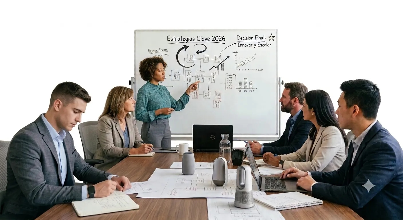 Un equipo revisa opciones de estrategia en un tablero antes de tomar la decisión final